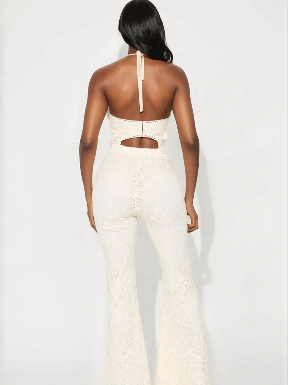Fashion Nova Cream Crocheted Halter Flare Jumpsuit - Picture 2 of 2